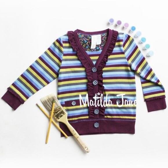 2 Matilda Jane Paint By Numbers Plum Stripe Kitten Cardigan Button up Sweater - Picture 2 of 9